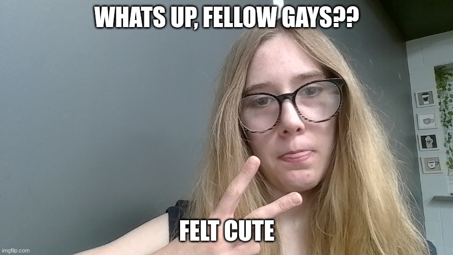 Felt cute :P | WHATS UP, FELLOW GAYS?? FELT CUTE | image tagged in felt cute | made w/ Imgflip meme maker
