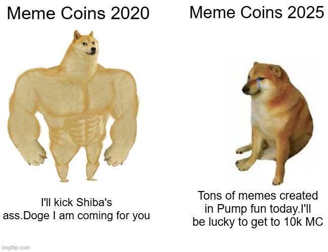 Buff Doge vs. Cheems Meme | Meme Coins 2020; Meme Coins 2025; I'll kick Shiba's ass.Doge I am coming for you; Tons of memes created in Pump fun today.I'll be lucky to get to 10k MC | image tagged in memes,buff doge vs cheems | made w/ Imgflip meme maker