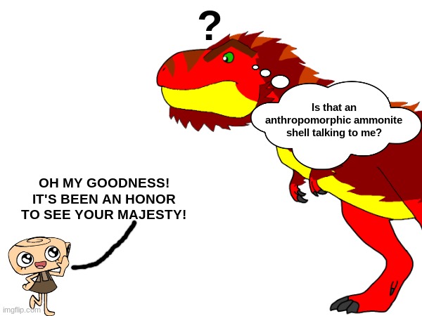 Tyrex meets Shelly Fossilian.mp3 | image tagged in shelly,tyrex,dandy's world,isla phanero | made w/ Imgflip meme maker