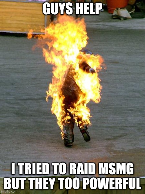 help (mulpans: fixed the typo) (mod note: THATS THE SECOND TIME JOSH -JGTV) | GUYS HELP; I TRIED TO RAID MSMG BUT THEY TOO POWERFUL | image tagged in guy on fire | made w/ Imgflip meme maker