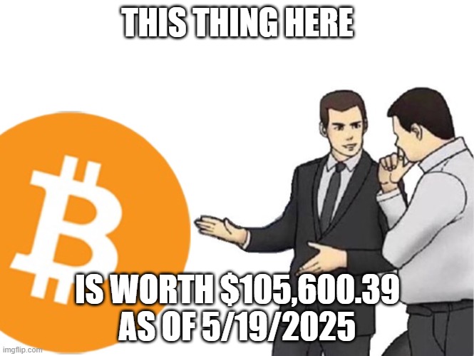 It is true tho, I looked it up before making this | THIS THING HERE; IS WORTH $105,600.39 AS OF 5/19/2025 | image tagged in slaps roof of bitcoin | made w/ Imgflip meme maker
