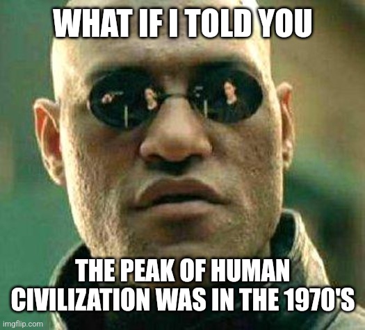 What if i told you | WHAT IF I TOLD YOU THE PEAK OF HUMAN CIVILIZATION WAS IN THE 1970'S | image tagged in what if i told you | made w/ Imgflip meme maker