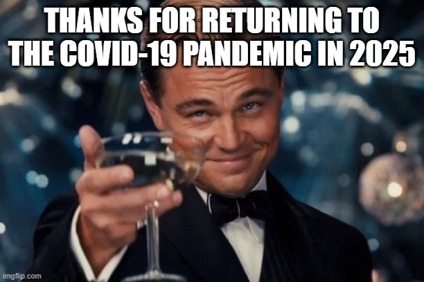 When the COVID-19 pandemic is back | THANKS FOR RETURNING TO THE COVID-19 PANDEMIC IN 2025 | image tagged in memes,leonardo dicaprio cheers,funny | made w/ Imgflip meme maker