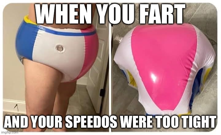 Fart joke | WHEN YOU FART; AND YOUR SPEEDOS WERE TOO TIGHT | image tagged in fart,speedos,tight | made w/ Imgflip meme maker
