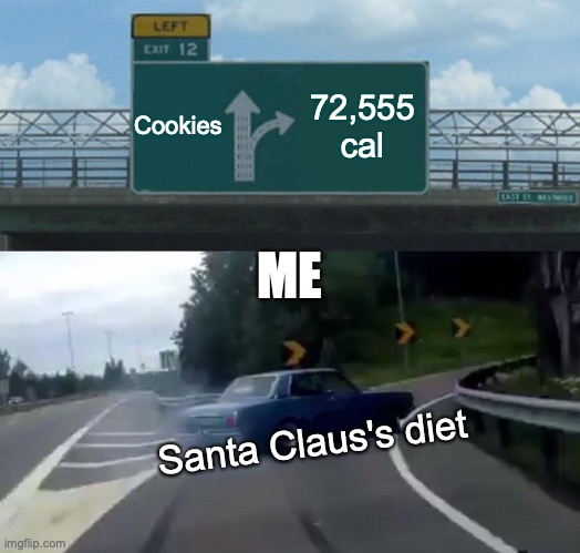 Left Exit 12 Off Ramp Meme | Cookies; 72,555 cal; ME; Santa Claus's diet | image tagged in memes,left exit 12 off ramp | made w/ Imgflip meme maker