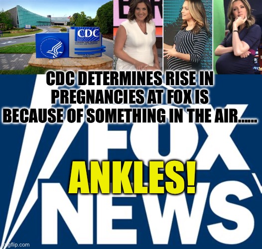 Baby boom at FOX | CDC DETERMINES RISE IN PREGNANCIES AT FOX IS BECAUSE OF SOMETHING IN THE AIR……; ANKLES! | image tagged in gifs,funny,jokes,pregnant woman,old jokes | made w/ Imgflip meme maker