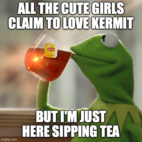 But That's None Of My Business Meme | ALL THE CUTE GIRLS CLAIM TO LOVE KERMIT; BUT I'M JUST HERE SIPPING TEA | image tagged in memes,but that's none of my business,kermit the frog | made w/ Imgflip meme maker