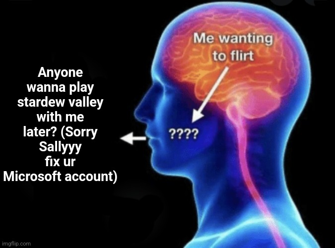 Me wanting to flirt | Anyone wanna play stardew valley with me later? (Sorry Sallyyy fix ur Microsoft account) | image tagged in me wanting to flirt | made w/ Imgflip meme maker