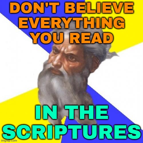 Don't Believe Everything You Read; In The Scriptures | DON'T BELIEVE
EVERYTHING
YOU READ; IN THE
SCRIPTURES | image tagged in memes,advice god,scriptures,holy bible,message bible,anti-religion | made w/ Imgflip meme maker