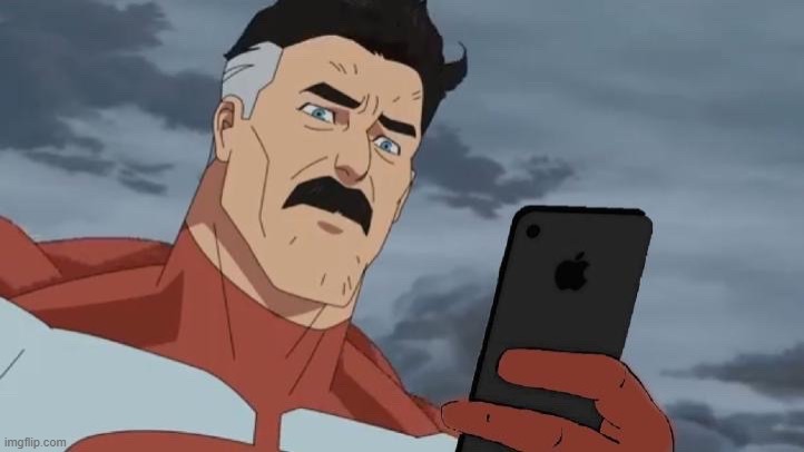 Omniman looking at phone | image tagged in omniman looking at phone | made w/ Imgflip meme maker