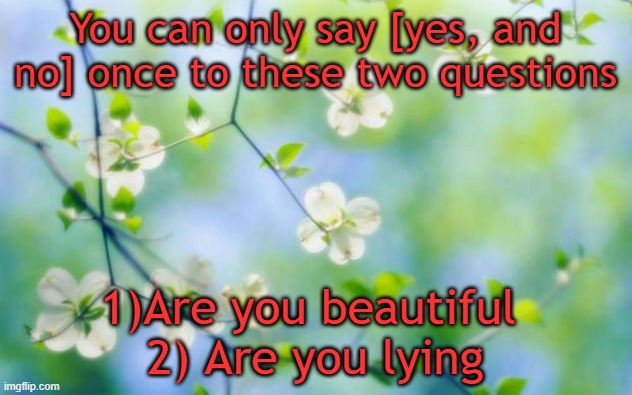 Have a great day! | You can only say [yes, and no] once to these two questions; 1)Are you beautiful 
2) Are you lying | image tagged in flowers,day | made w/ Imgflip meme maker