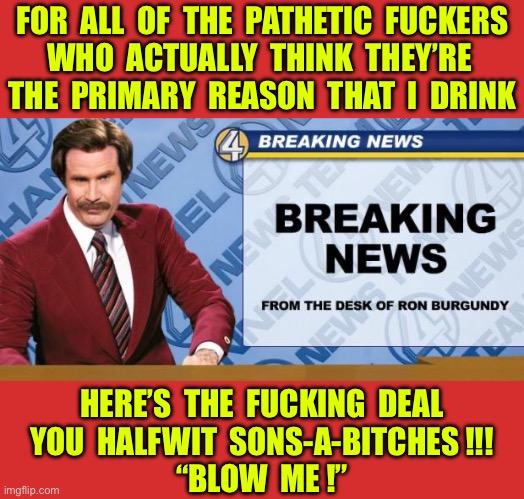 NOT MY WORDS !  RON Speaks His Truth !!!  : ) | FOR  ALL  OF  THE  PATHETIC  FUCKERS
WHO  ACTUALLY  THINK  THEY’RE 
THE  PRIMARY  REASON  THAT  I  DRINK; HERE’S  THE  FUCKING  DEAL
YOU  HALFWIT  SONS-A-BITCHES !!!
“BLOW  ME !” | image tagged in breaking news | made w/ Imgflip meme maker