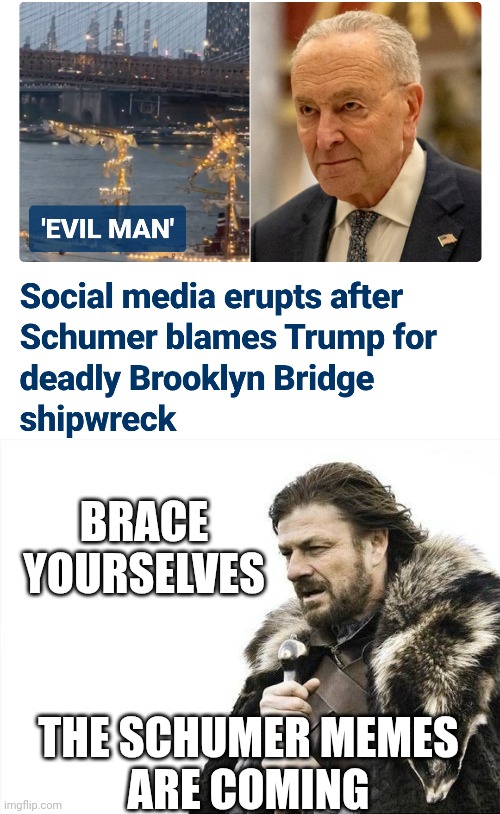 When lefty nut jobs need to retire | BRACE
YOURSELVES; THE SCHUMER MEMES
ARE COMING | image tagged in brace yourselves,liberals,schumer,democrats | made w/ Imgflip meme maker