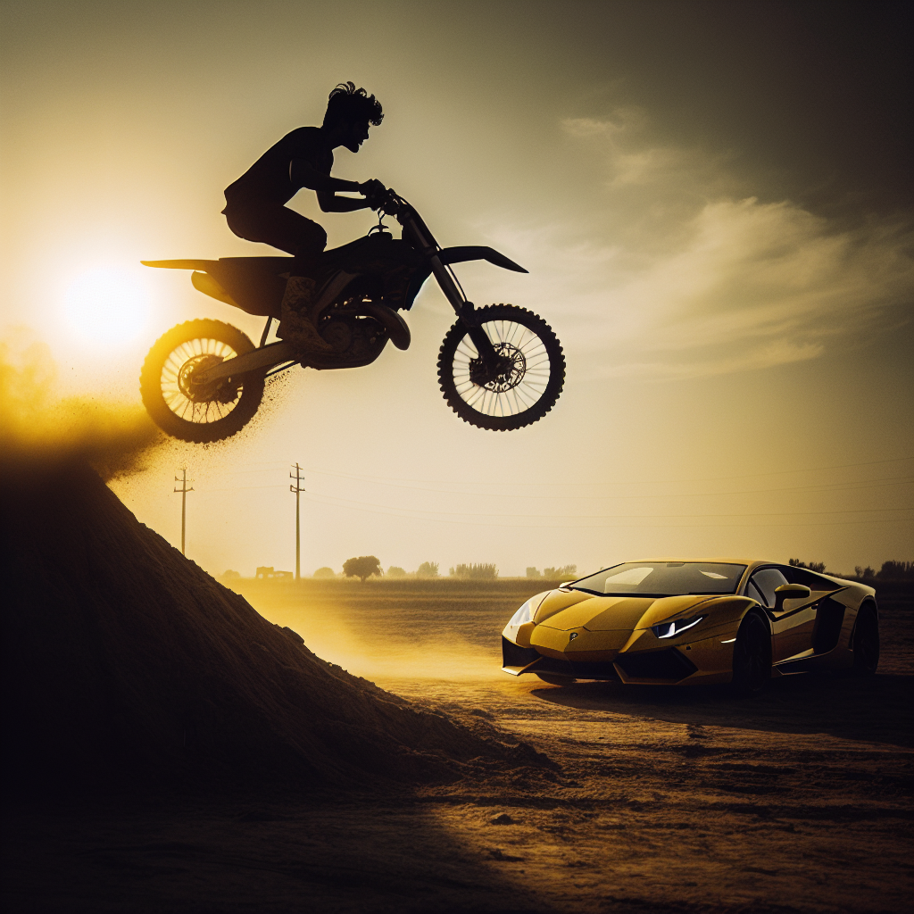 Person on a dirt bike jumping a Lamborghini Blank Meme Template