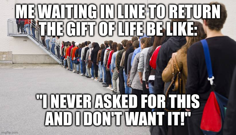 Waiting in line | ME WAITING IN LINE TO RETURN
THE GIFT OF LIFE BE LIKE: "I NEVER ASKED FOR THIS
AND I DON'T WANT IT!" | image tagged in waiting in line | made w/ Imgflip meme maker