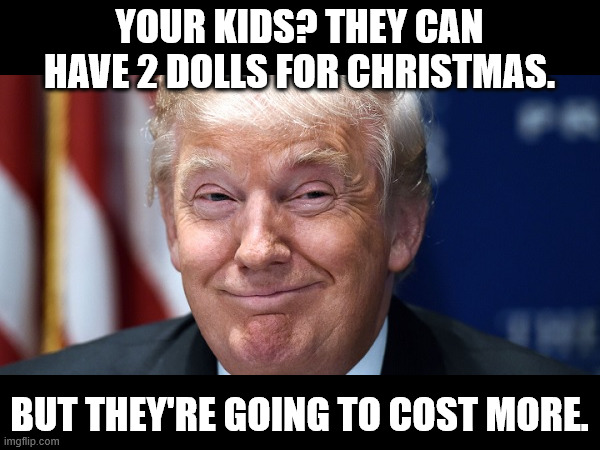 this time without the mood-killing typo. | YOUR KIDS? THEY CAN HAVE 2 DOLLS FOR CHRISTMAS. BUT THEY'RE GOING TO COST MORE. | image tagged in trump smirk | made w/ Imgflip meme maker