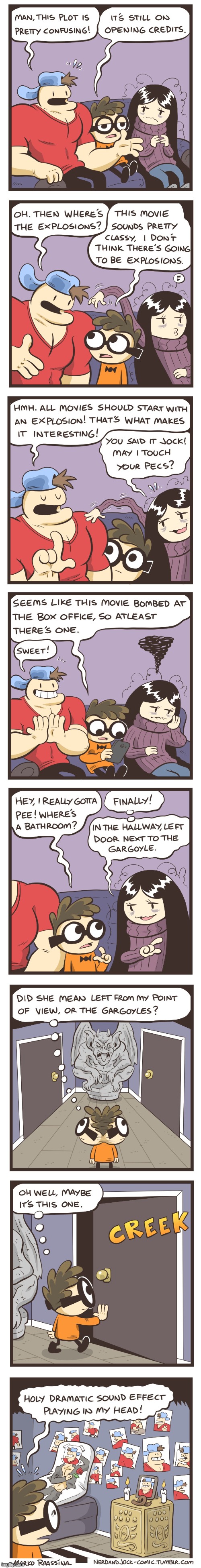 image tagged in nerd,jock,olga,movie,bathroom,gargoyle | made w/ Imgflip meme maker