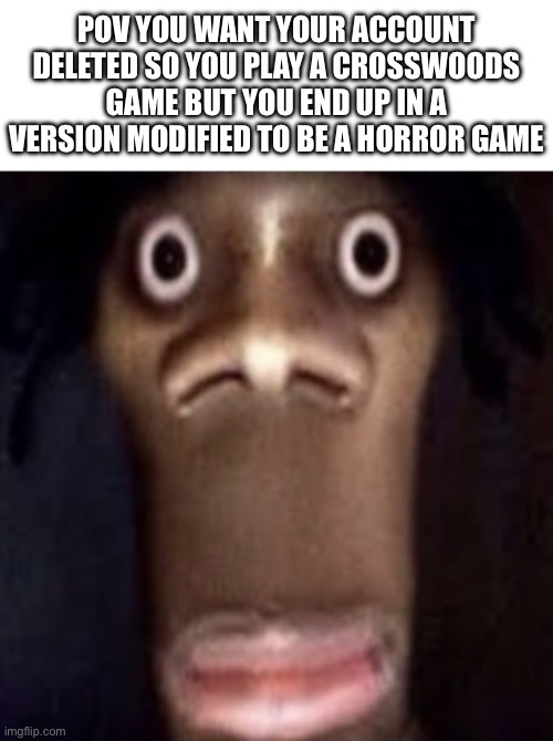 the ultimate troll | POV YOU WANT YOUR ACCOUNT DELETED SO YOU PLAY A CROSSWOODS GAME BUT YOU END UP IN A VERSION MODIFIED TO BE A HORROR GAME | image tagged in quandale dingle | made w/ Imgflip meme maker
