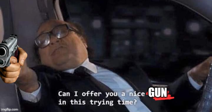 DEVITO OFFER YOU AN EGG IN THIS TRYING TIME | GUN | image tagged in devito offer you an egg in this trying time | made w/ Imgflip meme maker