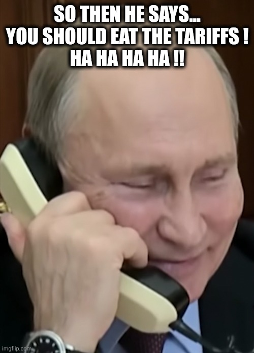 Eat it | SO THEN HE SAYS...
YOU SHOULD EAT THE TARIFFS !
HA HA HA HA !! | image tagged in putin | made w/ Imgflip meme maker