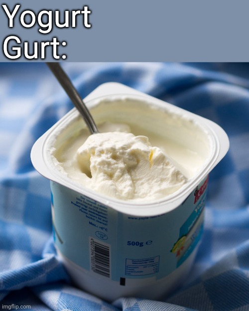 Yogurt | Yogurt
Gurt: | image tagged in yogurt | made w/ Imgflip meme maker