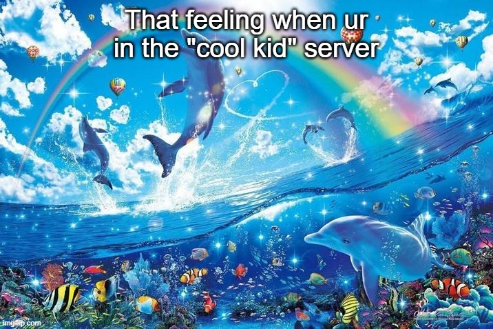 Image Title | That feeling when ur in the "cool kid" server | image tagged in happy dolphin rainbow | made w/ Imgflip meme maker