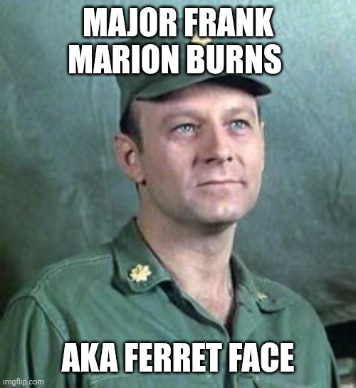 Maj. Burns | MAJOR FRANK MARION BURNS; AKA FERRET FACE | image tagged in frank burns | made w/ Imgflip meme maker