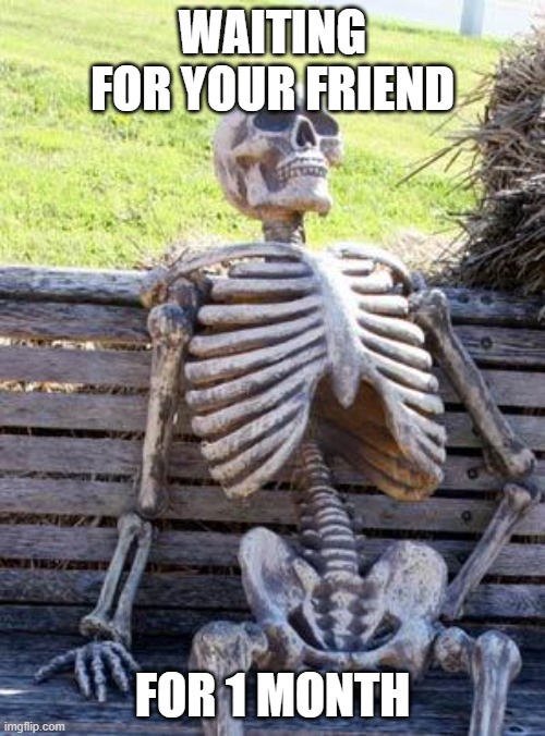 waiting for your friend meme | WAITING FOR YOUR FRIEND; FOR 1 MONTH | image tagged in memes,waiting skeleton | made w/ Imgflip meme maker