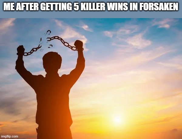 finally | ME AFTER GETTING 5 KILLER WINS IN FORSAKEN | image tagged in breaking free,killer,wins,numbers | made w/ Imgflip meme maker