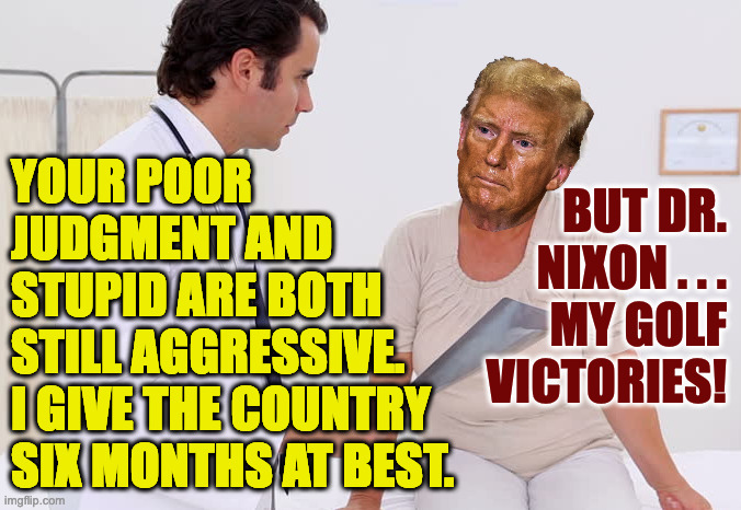 YOUR POOR
JUDGMENT AND
STUPID ARE BOTH
STILL AGGRESSIVE.
I GIVE THE COUNTRY
SIX MONTHS AT BEST. BUT DR.
NIXON . . .
MY GOLF
VICTORIES! | made w/ Imgflip meme maker