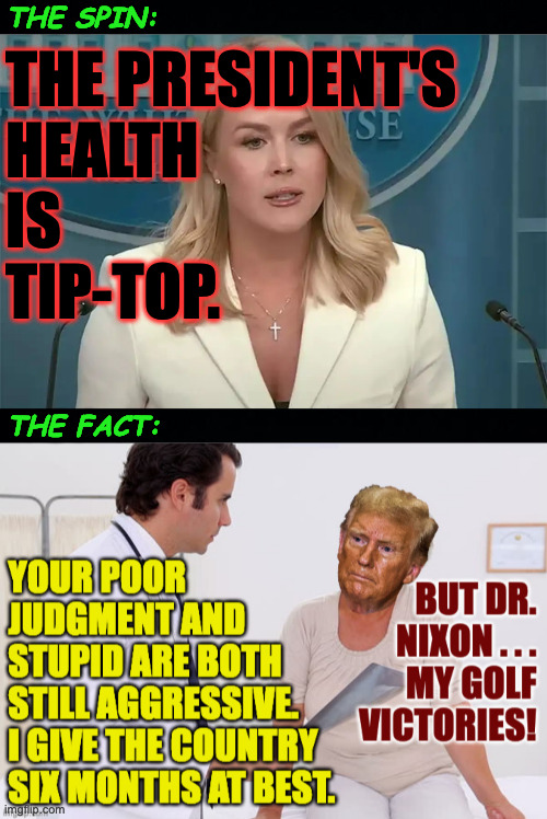 "I would resign at noon tomorrow." | THE SPIN:; THE PRESIDENT'S
HEALTH
IS
TIP-TOP. THE FACT: | image tagged in memes,trump sad,dr nixon | made w/ Imgflip meme maker