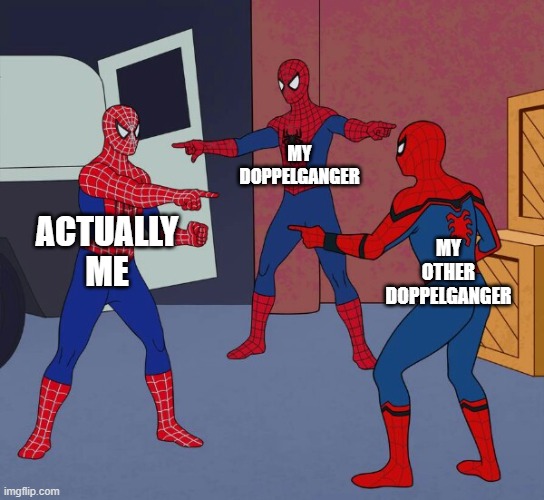 Two doppelgangers thought they were the only one | MY DOPPELGANGER; ACTUALLY ME; MY OTHER DOPPELGANGER | image tagged in spider man triple | made w/ Imgflip meme maker