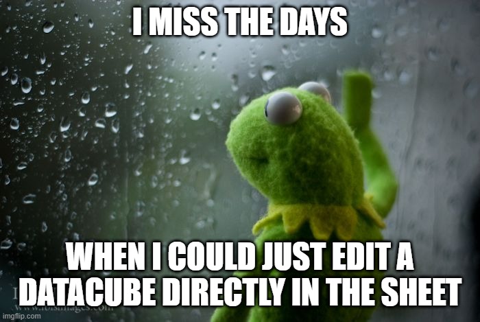 Kermit and the spreadhseet | I MISS THE DAYS; WHEN I COULD JUST EDIT A DATACUBE DIRECTLY IN THE SHEET | image tagged in kermit window,spreadhseet,datacube,excel,gsheet,data | made w/ Imgflip meme maker