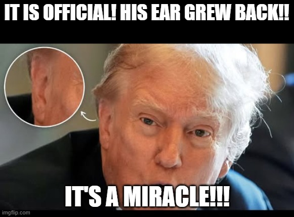 biggest hoax ever! | IT IS OFFICIAL! HIS EAR GREW BACK!! IT'S A MIRACLE!!! | image tagged in donald trump,trump,maga,nevertrump,trump supporter,trump sucks | made w/ Imgflip meme maker