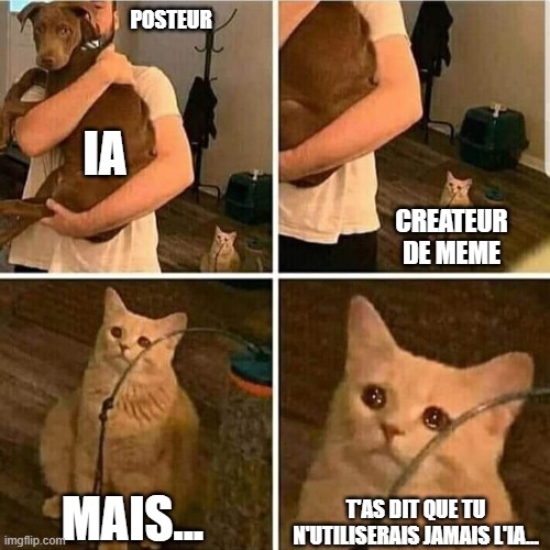 Fact Meme | POSTEUR; IA; CREATEUR DE MEME; T'AS DIT QUE TU N'UTILISERAIS JAMAIS L'IA... MAIS... | image tagged in sad cat holding dog | made w/ Imgflip meme maker