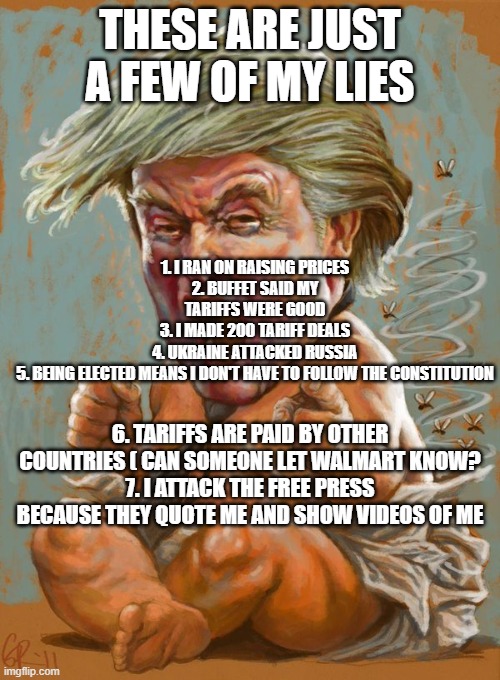 dementia donnie, Pres Blinky | 1. I RAN ON RAISING PRICES
2. BUFFET SAID MY TARIFFS WERE GOOD
3. I MADE 200 TARIFF DEALS
4. UKRAINE ATTACKED RUSSIA
5. BEING ELECTED MEANS I DON'T HAVE TO FOLLOW THE CONSTITUTION; THESE ARE JUST A FEW OF MY LIES; 6. TARIFFS ARE PAID BY OTHER COUNTRIES ( CAN SOMEONE LET WALMART KNOW?
7. I ATTACK THE FREE PRESS BECAUSE THEY QUOTE ME AND SHOW VIDEOS OF ME | image tagged in trump baby infant full diaper | made w/ Imgflip meme maker