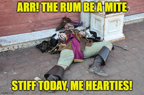 Drunk Pirate | ARR! THE RUM BE A MITE; STIFF TODAY, ME HEARTIES! | image tagged in drunk pirate | made w/ Imgflip meme maker