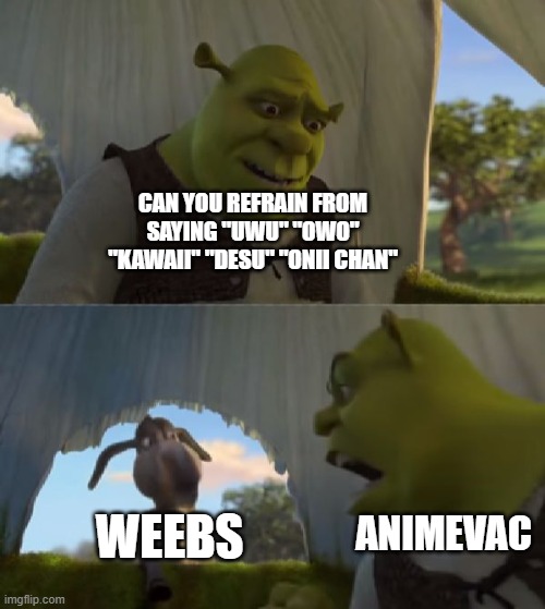 as an anime fan, weeb words & language is irritating. there should be a new rule of refrain from using these words. | CAN YOU REFRAIN FROM SAYING "UWU" "OWO" "KAWAII" "DESU" "ONII CHAN"; WEEBS; ANIMEVAC | image tagged in could you not ___ for 5 minutes,cartoon,shrek,irritated,weebs | made w/ Imgflip meme maker