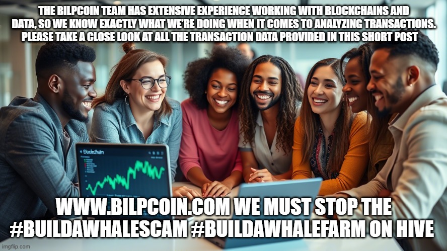 THE BILPCOIN TEAM HAS EXTENSIVE EXPERIENCE WORKING WITH BLOCKCHAINS AND DATA, SO WE KNOW EXACTLY WHAT WE’RE DOING WHEN IT COMES TO ANALYZING TRANSACTIONS. PLEASE TAKE A CLOSE LOOK AT ALL THE TRANSACTION DATA PROVIDED IN THIS SHORT POST; WWW.BILPCOIN.COM WE MUST STOP THE #BUILDAWHALESCAM #BUILDAWHALEFARM ON HIVE | made w/ Imgflip meme maker