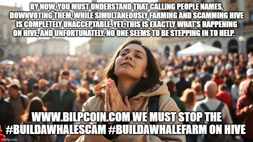 BY NOW, YOU MUST UNDERSTAND THAT CALLING PEOPLE NAMES, DOWNVOTING THEM, WHILE SIMULTANEOUSLY FARMING AND SCAMMING HIVE IS COMPLETELY UNACCEPTABLE. YET, THIS IS EXACTLY WHAT’S HAPPENING ON HIVE, AND UNFORTUNATELY, NO ONE SEEMS TO BE STEPPING IN TO HELP. WWW.BILPCOIN.COM WE MUST STOP THE #BUILDAWHALESCAM #BUILDAWHALEFARM ON HIVE | made w/ Imgflip meme maker