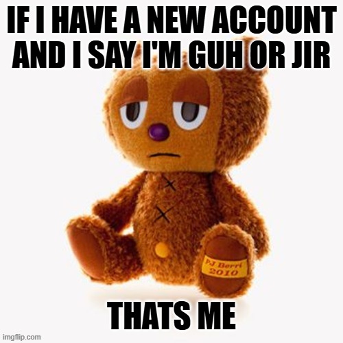 Pj plush | IF I HAVE A NEW ACCOUNT AND I SAY I'M GUH OR JIR; THATS ME | image tagged in pj plush | made w/ Imgflip meme maker