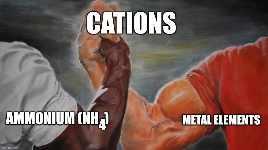 Not all cations are a single element from the periodic table. Be brave and stand out. | CATIONS; METAL ELEMENTS; AMMONIUM (NH  ); 4 | image tagged in epic hand shake,science | made w/ Imgflip meme maker