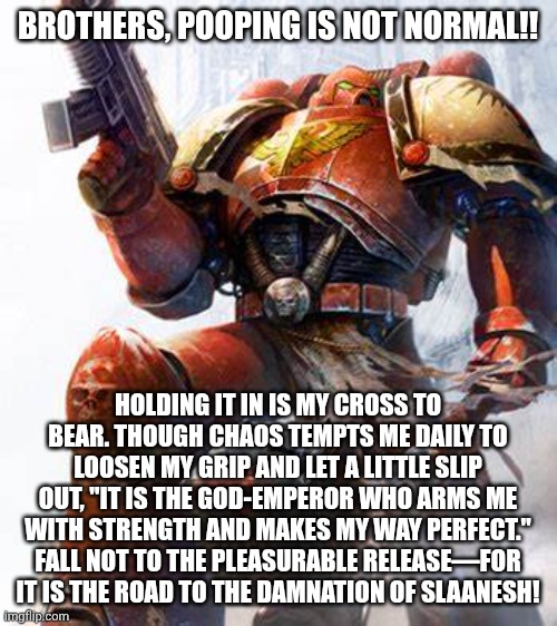 Pooping 40k | BROTHERS, POOPING IS NOT NORMAL!! HOLDING IT IN IS MY CROSS TO BEAR. THOUGH CHAOS TEMPTS ME DAILY TO LOOSEN MY GRIP AND LET A LITTLE SLIP OUT, "IT IS THE GOD-EMPEROR WHO ARMS ME WITH STRENGTH AND MAKES MY WAY PERFECT." FALL NOT TO THE PLEASURABLE RELEASE—FOR IT IS THE ROAD TO THE DAMNATION OF SLAANESH! | image tagged in space marine | made w/ Imgflip meme maker