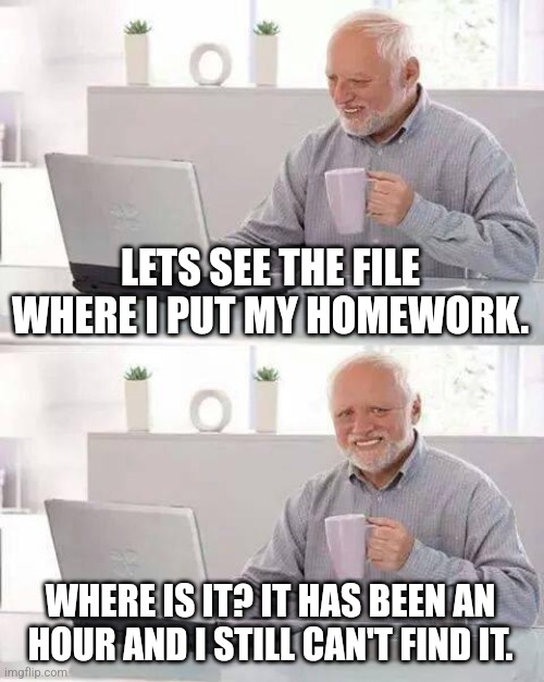 Hide the Pain Harold | LETS SEE THE FILE WHERE I PUT MY HOMEWORK. WHERE IS IT? IT HAS BEEN AN HOUR AND I STILL CAN'T FIND IT. | image tagged in memes,file,homework | made w/ Imgflip meme maker