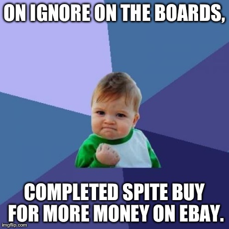 Success Kid Meme | ON IGNORE ON THE BOARDS, COMPLETED SPITE BUY FOR MORE MONEY ON EBAY. | image tagged in memes,success kid | made w/ Imgflip meme maker
