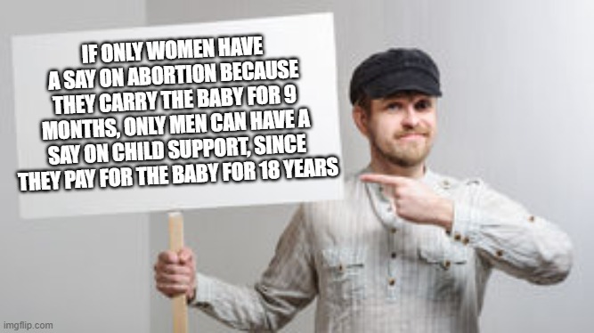 It works two ways | IF ONLY WOMEN HAVE A SAY ON ABORTION BECAUSE THEY CARRY THE BABY FOR 9 MONTHS, ONLY MEN CAN HAVE A SAY ON CHILD SUPPORT, SINCE THEY PAY FOR THE BABY FOR 18 YEARS | image tagged in protest sign meme | made w/ Imgflip meme maker