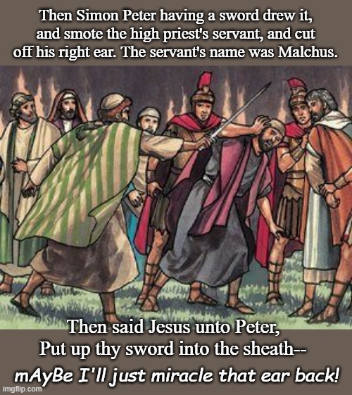 Then Simon Peter having a sword drew it, and smote the high priest's servant, and cut off his right ear. The servant's name was Malchus. The | made w/ Imgflip meme maker