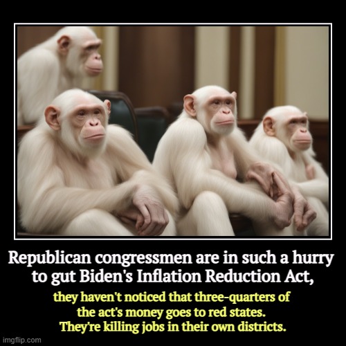 Republican congressmen are in such a hurry 
to gut Biden's Inflation Reduction Act, | they haven't noticed that three-quarters of 
the act's | image tagged in funny,demotivationals,maga,republican,congress,stupid | made w/ Imgflip demotivational maker