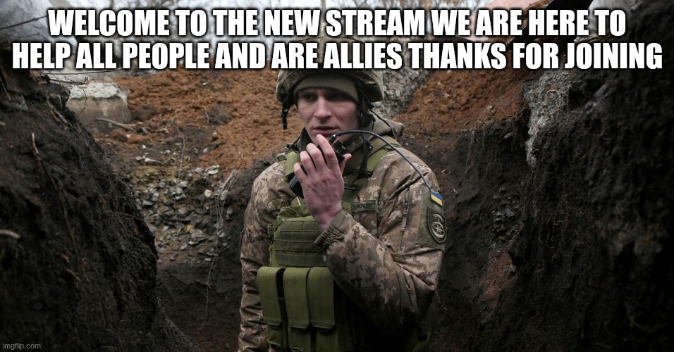 ukrainian soldier | WELCOME TO THE NEW STREAM WE ARE HERE TO HELP ALL PEOPLE AND ARE ALLIES THANKS FOR JOINING | image tagged in ukrainian soldier | made w/ Imgflip meme maker