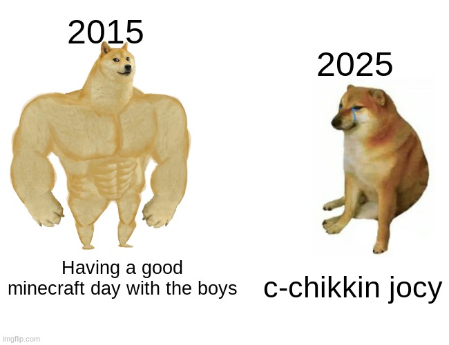 The minecraft movie changed everything | 2015; 2025; Having a good minecraft day with the boys; c-chikkin jocy | image tagged in memes,buff doge vs cheems | made w/ Imgflip meme maker